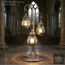 Antique Silver Candle Holder, 3 Lanterns on an elegant Metal Table top Stand