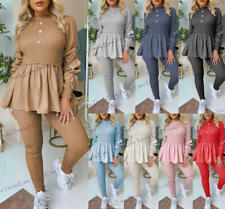 Women's Ladies Ribbed Jewelled Frill Peplum Knit Jumper Loungewear Tracksuit Set