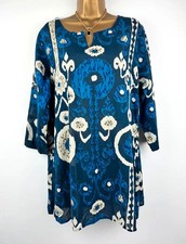 Culture Vulture Blue White Ikat Cotton Tunic Top Large Boho Festival Coverup