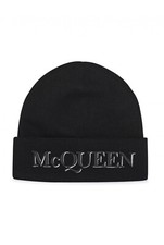 Alexander McQueen Black Embroidered Logo Beanie Hat Wool Cashmere Size M