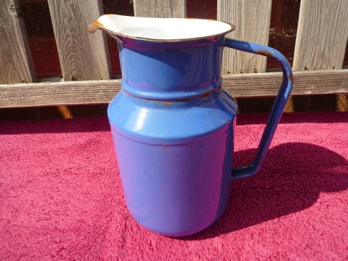 Vintage blue enamel tall jug - vintage,
