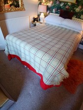 VTG 60s Pure Wool Heavy Check Blanket Cream Wine & Blue 78 x 64" + 3" Fringe