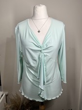 SALOOS Mint Green Ruched Tie Front Top Size M Long Sleeve V Neck VGC