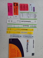 ORIGINAL MONARCH AIRLINES BAGGAGE LABELS, SAFETY CARD, A/C SECURITY STICKERS  2