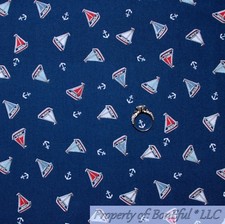 BonEful FABRIC FQ Cotton Quilt Navy Blue Red White Sail Boat Ship Anchor USA Boy