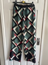 Zara Xs Geomatic Green Red White Black Wide Leg Silk Trousers NWOT
