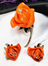 Vintage Gold KJL Orange Rose Rhinestone Brooch Pin and Earrings Set NOC NWT