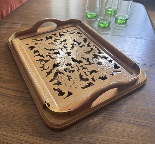 Vintage oak fretwork tray - ,