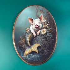 MERMAID PIG WOODEN DECOR, Cottagecore Ocean Wood Plaque, Fantasy Animal Wall Art