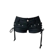 Women’s Black Gothic Denim Shorts – Vintage Y2K Low Waist Harajuku Jean Shorts