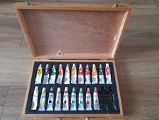 Artists Wooden Paints Storage Box  14 1/2" X 9" X2"  with Paints Tubes as Shown 
