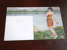 ORIGINAL  ART NOUVEAU GLAMOUR POSTCARD - BATHING BELLE, LAKE.