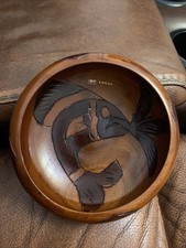 St Lucia Hand Carved Wooden Bowl Etched Fish Design Souvenir Sweets Trinkets