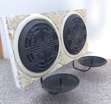 STYLISH ITALIAN DESIGN DUAL CANDLE WALL SCONCE-CARVED WOODEN BACK  META HOLDER