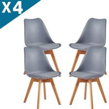 4 Pcs Tulip Dining Chairs Set Grey Seat Wood Leg Home Office Kitchen Chair UK