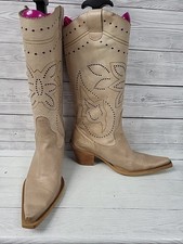 Gucinari Beige Cut Out Leather Cowboy Boots Block Heel. Size 5.PAC