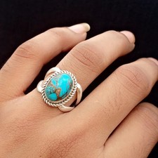 Blue Copper Turquoise 925 Sterling Silver Statement Ring For Men And Women