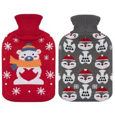 2-Pack Hot Water Bottle Christmas Santa Penguin Polar Bear Xmas 2L Heat Therapy