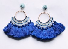 Stunning Cobalt Blue  Deluxe Statement Drop Earrings Beads & Tassels.-)