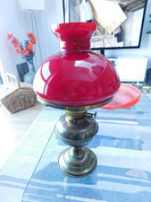 Beautiful Brass Oil Lamp with Ruby Red Glass Shade & Chimney