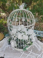 Large Vintage Decorative White Metal Bird Cage Plant Holder Acrylic Bird Flowers