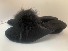 Vintage BHS Black Fluffy Low Heel Mule Boudoir Glam Slippers Size 4