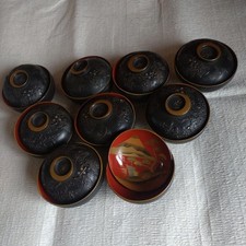Antique Makie Lacquer Lid Bowl 9 Piece Set Japanese Tableware Collectible