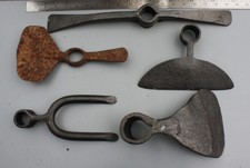 Antique 19th century wrought iron adze head & other groundwork farm tools x 5