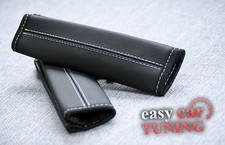 FOR BMW BLACK REAL GENUINE LEATHER HARNES 2 SEAT BELT COVERS PADS WHITE STITCHES