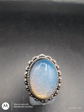 Handmade Ornate Oval Moon Stone Silver Tone Ring Adjustable Size M