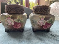 Vintage Pair Green Ceramic Posy , Pot Pourri Bowls/ Brass Tops 11cm Tall X 11 Cm