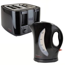Black Cordless Kettle & Toaster Set Fast Boil 4 Slice Wide Slot Browning Control