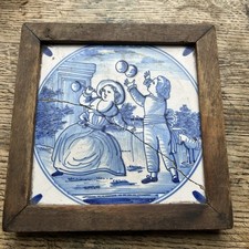 Antique 18th 19th century Dutch Delft Tin glazed pottery tile children playing