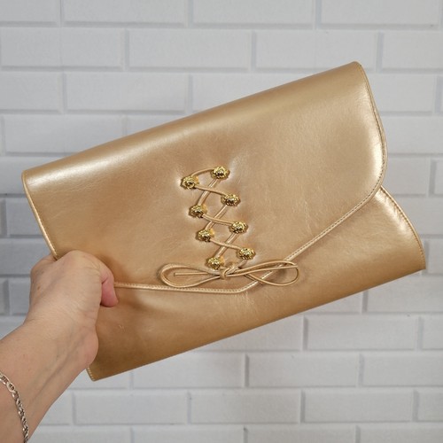 Vtg 80s gold leather - , clutch