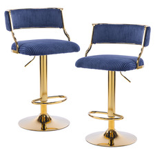 Set of 2 Blue Corduroy Swivel Bar Stools with Gold Plated Base Height Adjustable