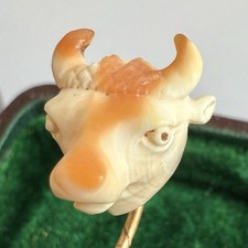 Collectable antique finely carved bull head stick pin, gold, vintage 