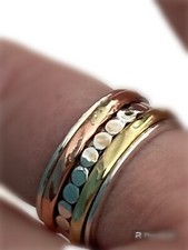 925 Sterling Silver Tri Colour Spinning Worry Ring UK Q  EU 58 US 8.5 with Box