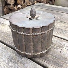 Old Vintage Antique Metalware Circular Box With Hinged Lid - Bamboo Tea Caddy?