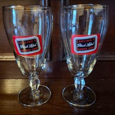 Carling Black Label Canadian Lager Stemmed Chalice Glass x2 Vtg Pub Home Bar 