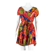 Vintage RENE DERHY! Womens Fit & Flare Dress Red 90s Floral Short Sleeve Short S