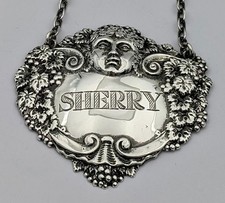 VINTAGE STERLING SILVER BACCHUS MASK SHERRY DECANTER LABEL 1970
