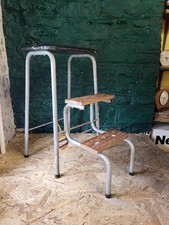 Vintage Mid-Century Folding Step Stool Chrome & Black Vinyl Industrial Free Post
