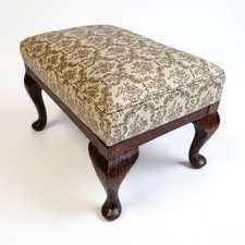 Antique Footstool Solid Oak Embroided Foot Stool on Cabriole Legs and Pad Feet