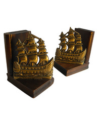 Pair of Old Wooden & Brass Ship Book Ends Sailing Vintage Nautical Decor Gift