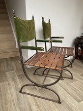 Pair Vintage Wrought Iron Framed Continental  Industrial Style X-framed Chairs