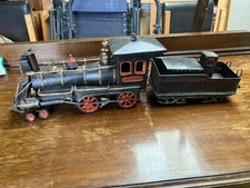 Vintage Retro Black Tin Plate Metal Model Steam Engine with Trailer Display