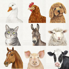 9 x Paper Napkins/33cm/3Ply/Decoupage/Cow/Pig/Cat/Dog/Horse/Hen/Sheep/Donkey