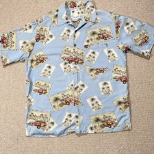 Banana Cabana Silk Shirt Mens Large Light Blue Clasic Cars Palm Trees Tropical