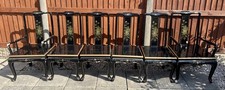 Vintage/ Antique Lacquer Black Oriental Carved Dining Chair Set x 6