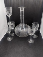 Antique Etched Greek Key Tall Sherry Port Wine Glasses Set X 5 And Decanter